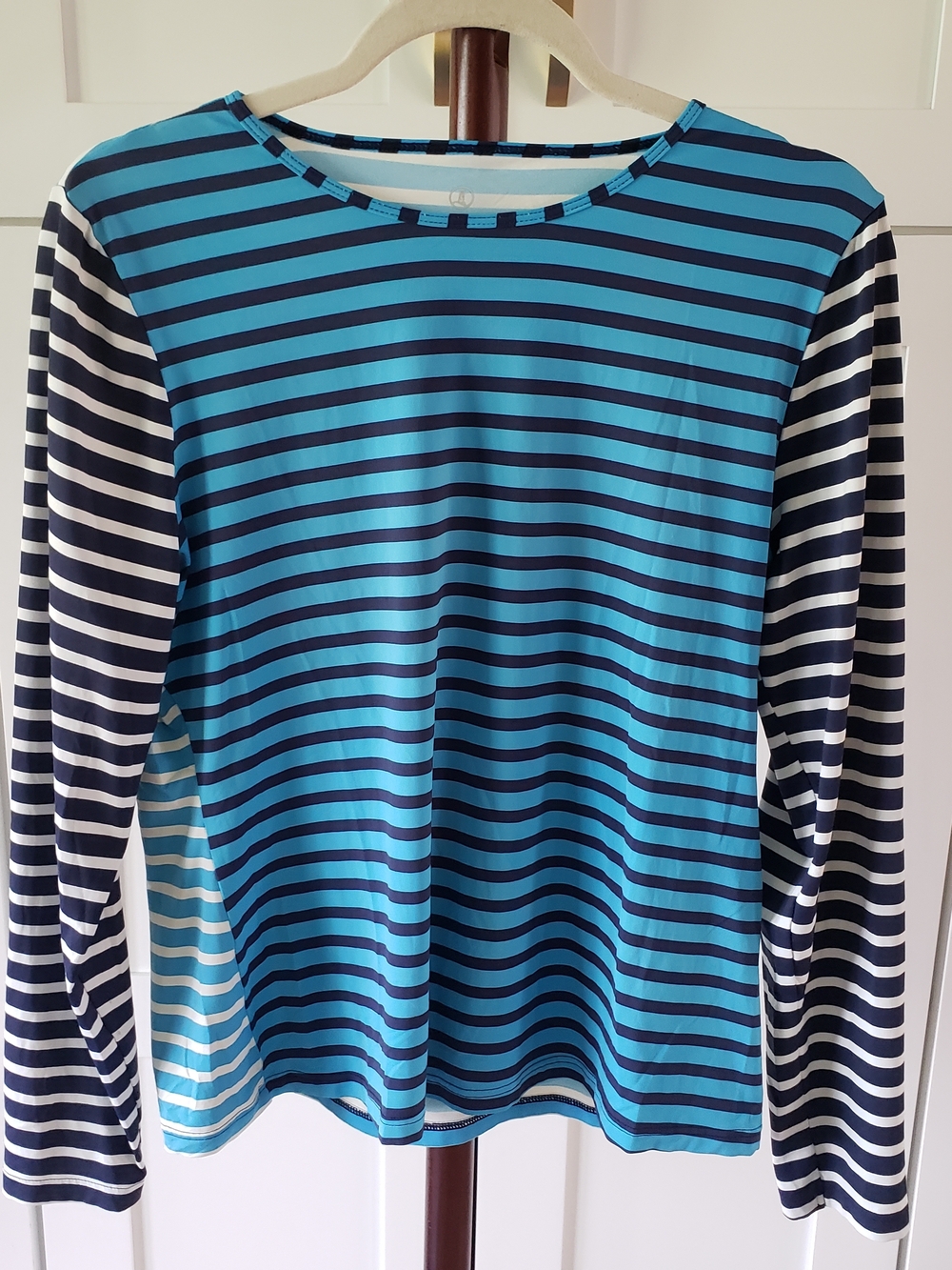 Lands' End Turquoise and Navy Striped Long-Sleeve Tee